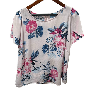 CeCe blue and Pink Short Sleeve Relaxed floral Blouse size XL GUC